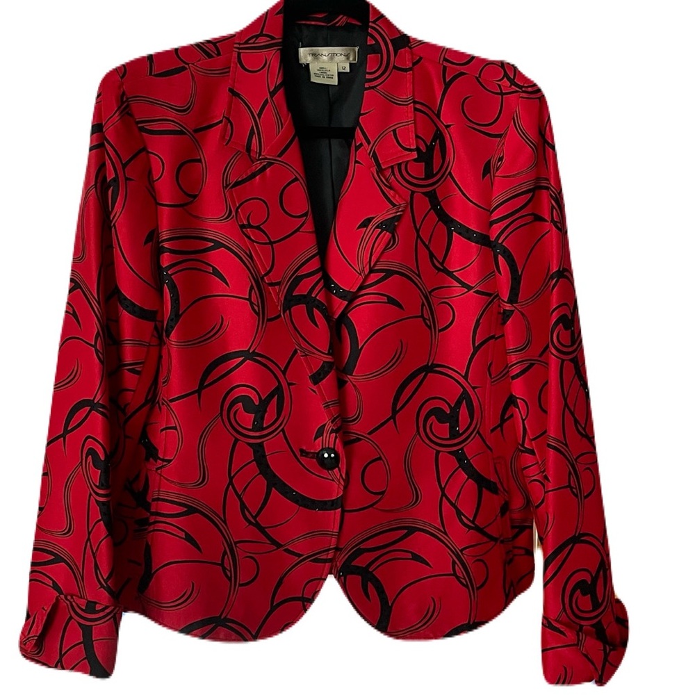 Silk 100% Red Black Beaded Swirl Vintage Glam Women Blazer Size 12